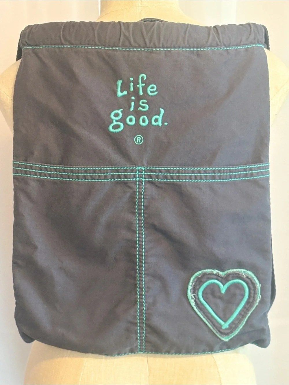 Life is Good Navy Blue Drawstring BackPack with Teal Embroidery Heart Cinch